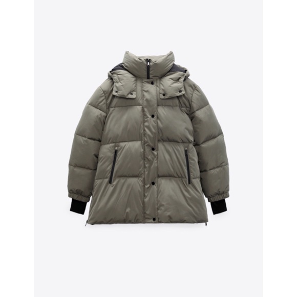 Zara HOODED QUILTED JACKET Dark Khaki M - Picture 4 of 15